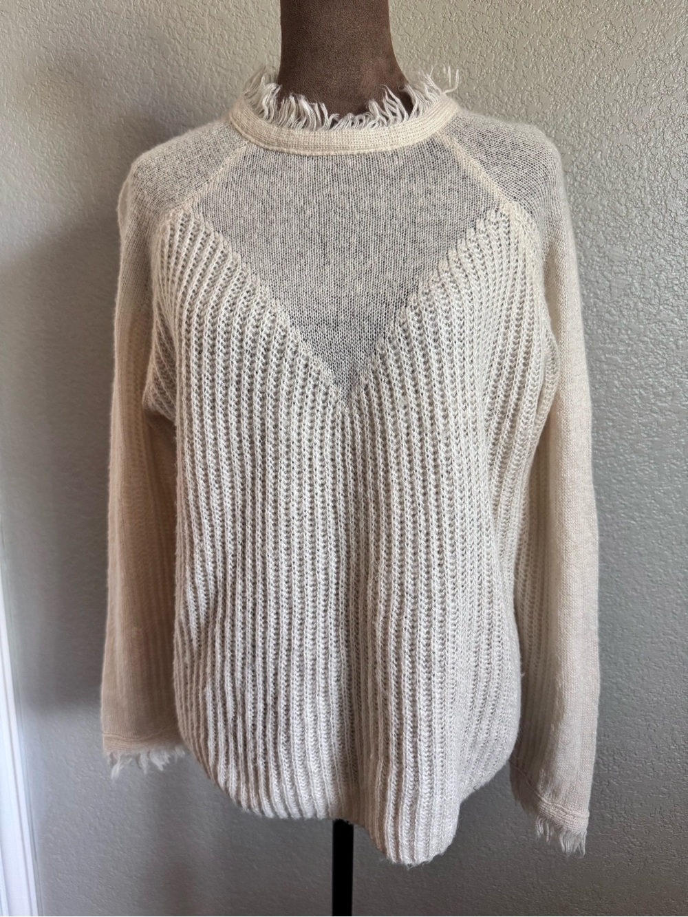 HYFVE Mohair Wool Blend Fringe Sweater Cream Open Knit Cozy Boho Medium